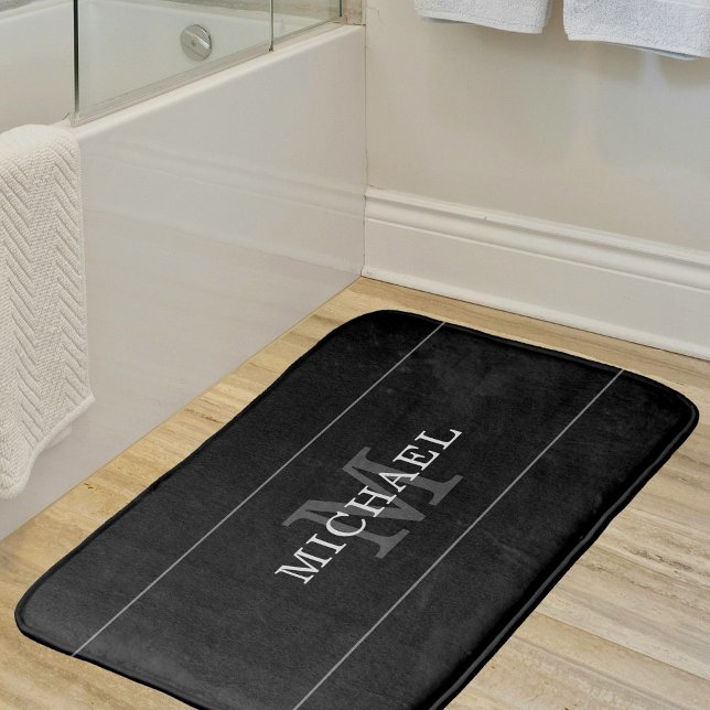 Elegant Black Silver Monogram Name Personalised Bath Mat (Creator Uploaded)