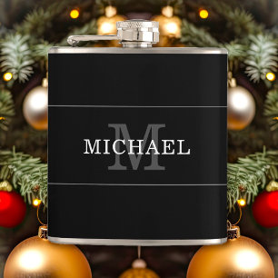 Elegant Black Silver Monogram Name Personalised Hip Flask