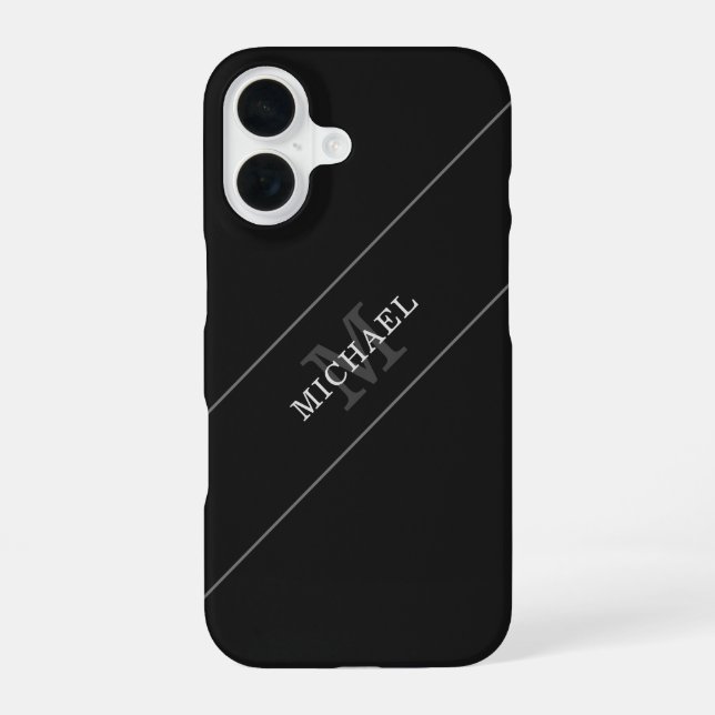 Elegant Black Silver Monogram Name Personalised iPhone 16 Case (Back)