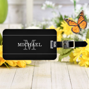 Elegant Black Silver Monogram Name Personalised Luggage Tag