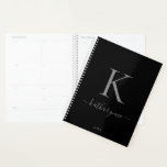 Elegant Black Silver Monogram Name Planner<br><div class="desc">Chic Elegant Silver Monogram Script on a chic Black Planner. Easy to customise with your own name and details. Perfect for your luxury lifestyle! Please contact us at cedarandstring@gmail.com if you need assistance with the design or matching products.</div>