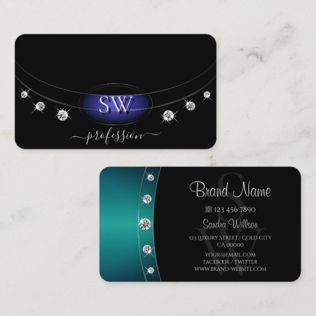 Elegant Black Silver Ocean Blue Monogram Diamonds Business Card (Front/Back)