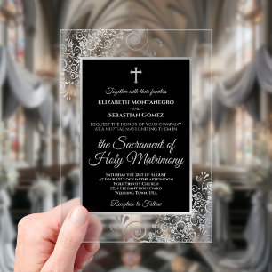 Elegant Black & Silver Ornate Catholic Wedding Acrylic Invitations