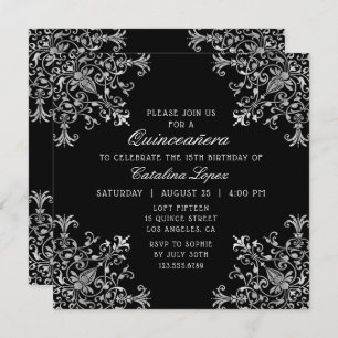 Elegant Black Silver Ornate Floral Quinceañera Invitation
