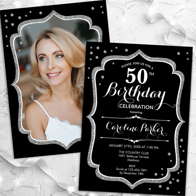 Elegant Black Silver Photo 50th Birthday Invitation (Creator Uploaded)