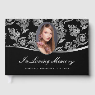 Elegant Black Silver Photo Memorial Funeral Guest Book