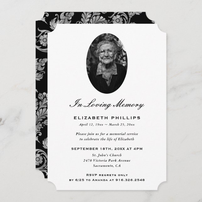 Elegant Black Silver Photo Memorial Invitation (Front/Back)