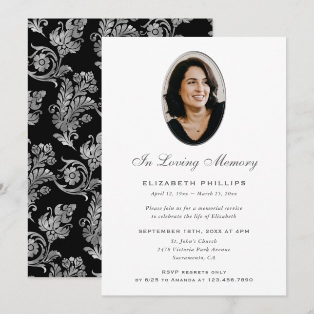 Elegant Black Silver Photo Memorial Invitation (Front/Back)