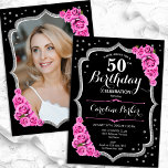 Elegant Black Silver Pink Photo 50th Birthday Invitation<br><div class="desc">Elegant floral 50th birthday invitation with your photo at the back of the card. Glam black and pink design with faux glitter silver. Features pink roses, script font and confetti. Perfect for a stylish adult bday celebration party. Personalise with your own details. Can be customised for any age! Printed Zazzle...</div>