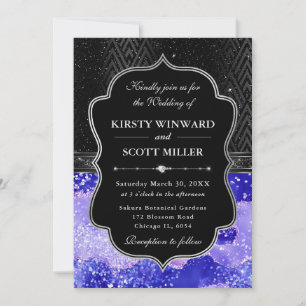 Elegant Black Silver Purple Agate Glitter Wedding Invitation