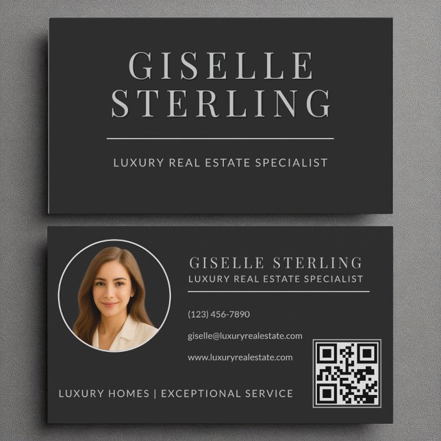 Elegant Black Silver Real Estate Agent QR Code Business Card (Creator Uploaded)