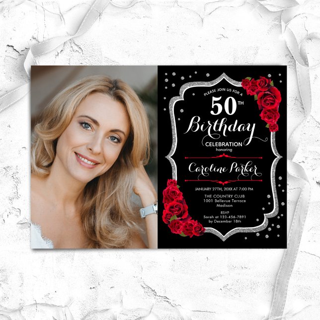 Elegant Black Silver Red Photo 50th Birthday Invitation (Creator Uploaded)