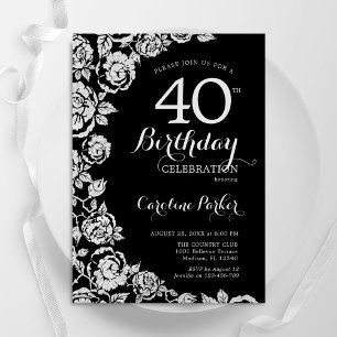 Elegant Black Silver Roses 40th Birthday Party Invitation