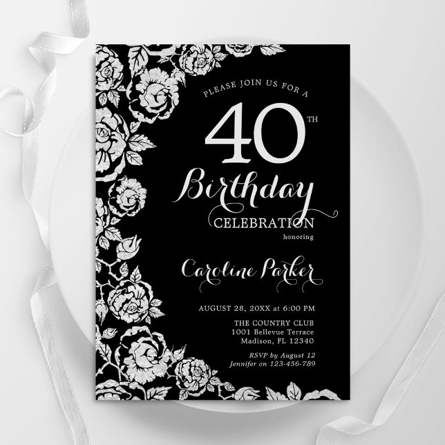 Elegant Black Silver Roses 40th Birthday Party Invitation (Creator Uploaded)