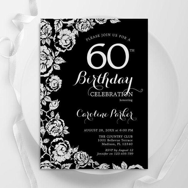 Elegant Black Silver Roses 60th Birthday Party Invitation (Creator Uploaded)