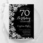 Elegant Black Silver Roses 70th Birthday Party Invitation<br><div class="desc">Black silver floral 70th birthday party invitation. Elegant design featuring roses,  faux silver foil and typography script font. Trendy invite card perfect for a stylish female bday celebration. Can be customised to any age. Printed Zazzle invitations or instant download digital printable template.</div>