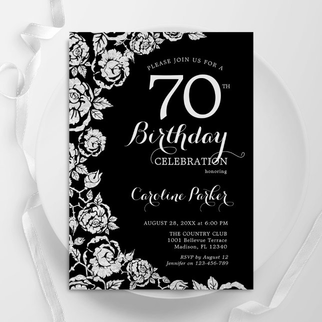 Elegant Black Silver Roses 70th Birthday Party Invitation (Creator Uploaded)