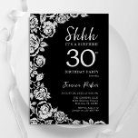 Elegant Black Silver Roses Surprise 30th Birthday Invitation<br><div class="desc">Black silver floral surprise 30th birthday party invitation. Elegant design featuring roses,  faux silver foil and typography script font. Trendy invite card perfect for a stylish female bday celebration. Can be customised to any age. Printed Zazzle invitations or instant download digital printable template.</div>