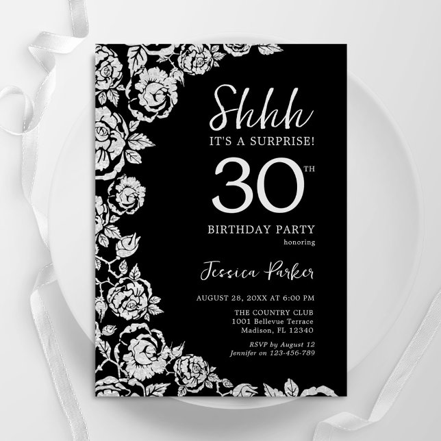 Elegant Black Silver Roses Surprise 30th Birthday Invitation (Creator Uploaded)