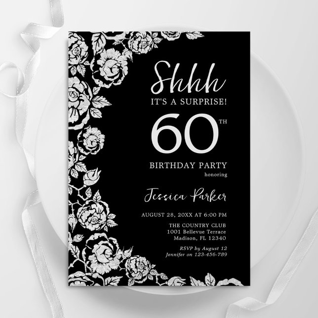 Elegant Black Silver Roses Surprise 60th Birthday Invitation (Creator Uploaded)