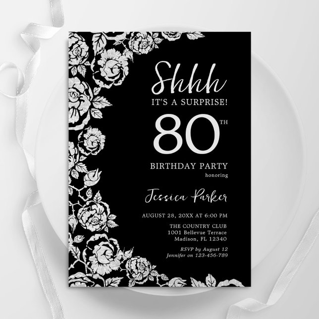 Elegant Black Silver Roses Surprise 80th Birthday Invitation (Creator Uploaded)