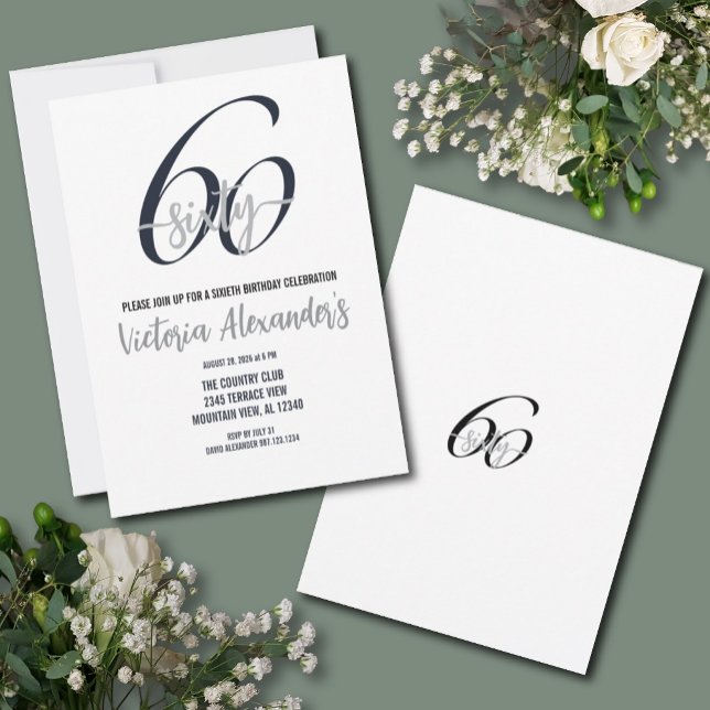 Elegant Black Silver Script 60th Birthday  Invitation (Elegant Black Silver 60th Birthday Invitation)