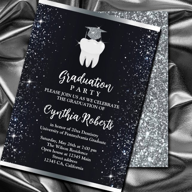 Elegant Black Silver Sparkle Dental Graduation  Invitation (Elegant Black Silver Sparkle Dental Graduation Invitation. A chic black background, #silver)