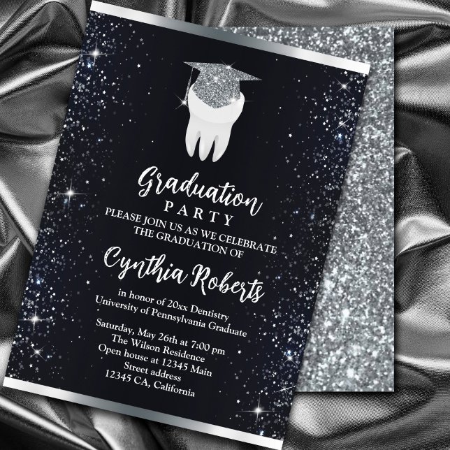 Elegant Black Silver Sparkle Dental Graduation  Invitation (Elegant Black Silver Sparkle Dental Graduation Invitation. #graduationparty #zazzlemade #orthodontia)