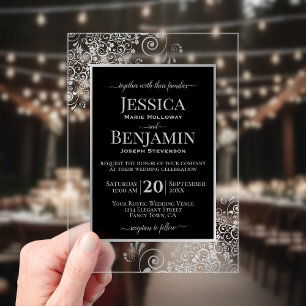 Elegant Black & Silver Stylish Text Wedding Acrylic Invitations