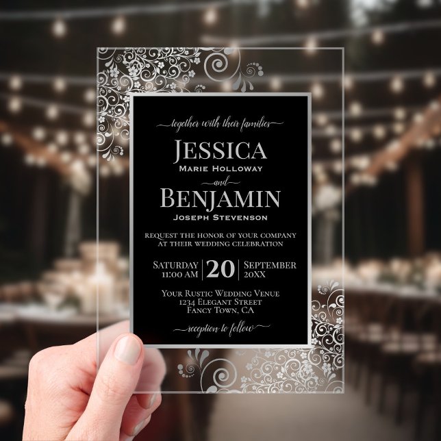 Elegant Black & Silver Stylish Text Wedding Acrylic Invitations (Clear Acrylic with Rectangle Cut)