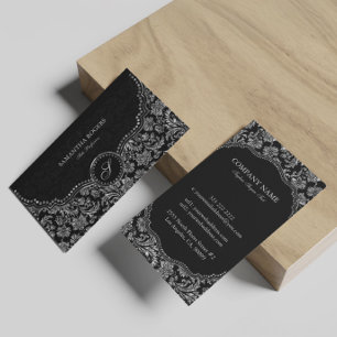 Elegant Black & Silver Vintage Floral Damasks Business Card
