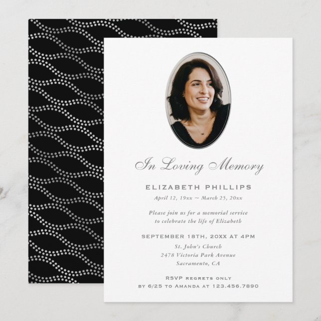 Elegant Black Silver Waves Photo Memorial Invitation (Front/Back)