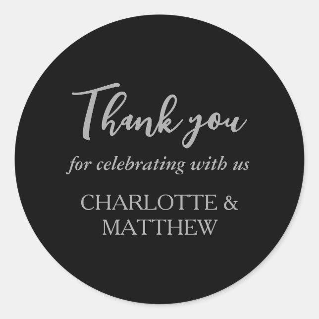 Elegant Black Silver Wedding Classic Round Sticker (Front)