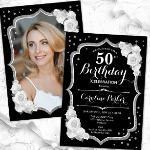 Elegant Black Silver White Photo 50th Birthday Invitation