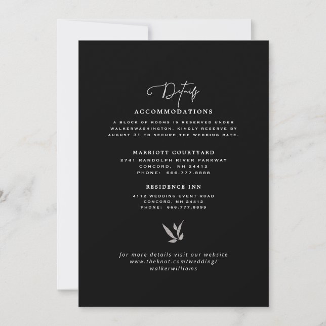 Elegant Black, Silver & White Wedding Details Invitation (Front)