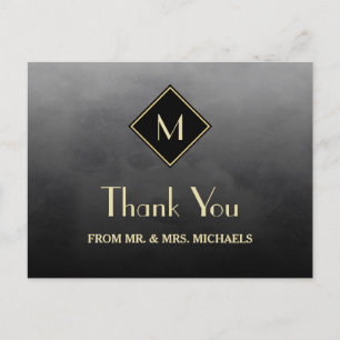Elegant Black Simple With Gold Monogram Thank You Postcard