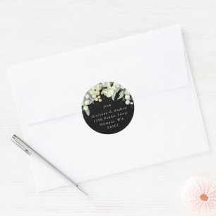 Elegant Black Snowberry+Eucalyptus Address Classic Round Sticker