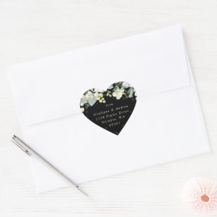 Elegant Black Snowberry+Eucalyptus Address Heart Sticker