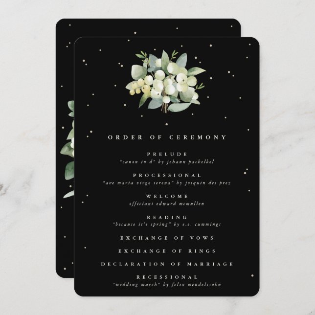Elegant Black Snowberry+Eucalyptus Bouquet Wedding Programme (Front/Back)