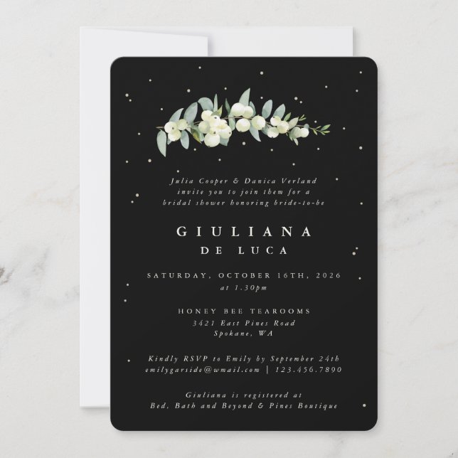 Elegant Black Snowberry+Eucalyptus Bridal Shower Invitation (Front)