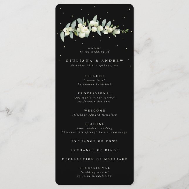 Elegant Black Snowberry+Eucalyptus Stem Wedding Programme (Front)