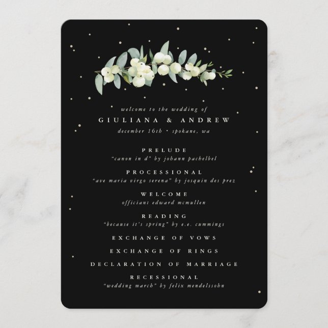 Elegant Black Snowberry+Eucalyptus Stem Wedding Programme (Front)
