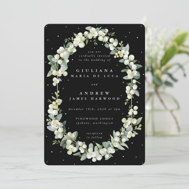 Elegant Black Snowberry+Eucalyptus Wedding Invitation (Standing Front)