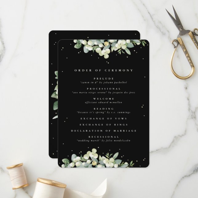 Elegant Black Snowberry+Eucalyptus Winter Wedding Programme (Front/Back In Situ)