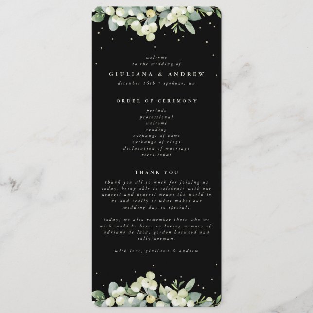 Elegant Black Snowberry+Eucalyptus Winter Wedding Programme (Front)