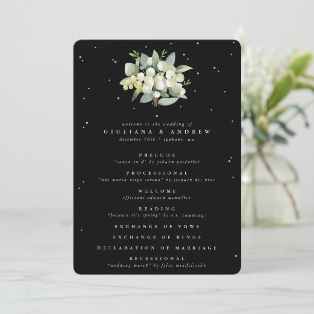 Elegant Black Snowberry+Eucalyptus Winter Wedding Programme (Standing Front)