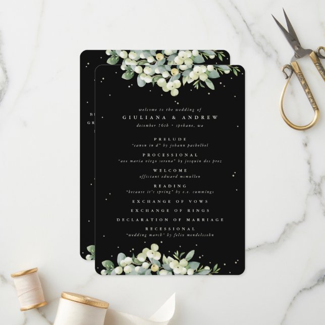 Elegant Black Snowberry+Eucalyptus Winter Wedding Programme (Front/Back In Situ)