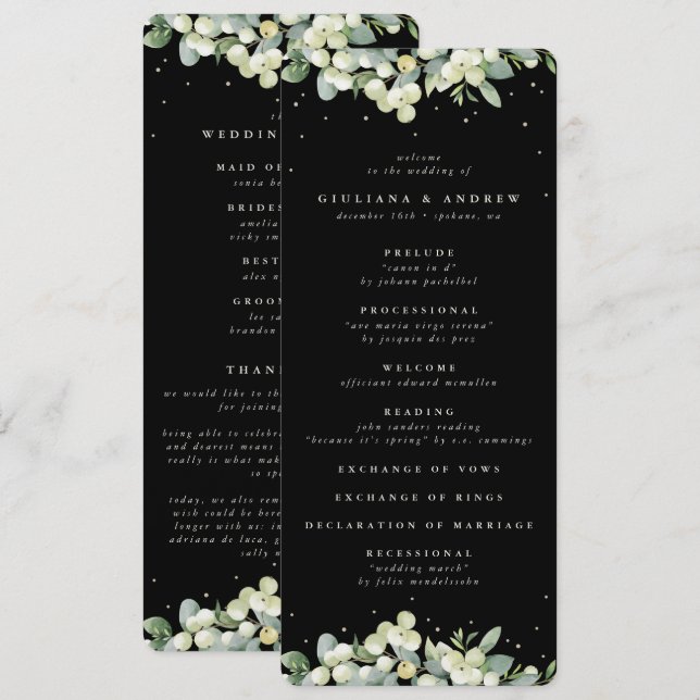 Elegant Black Snowberry+Eucalyptus Winter Wedding Programme (Front/Back)