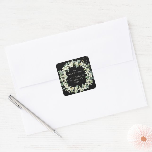 Elegant Black Snowberry+Eucalyptus Wreath Address Square Sticker (Envelope)