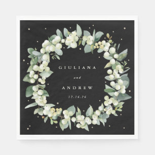 Elegant Black Snowberry+Eucalyptus Wreath Wedding Napkin